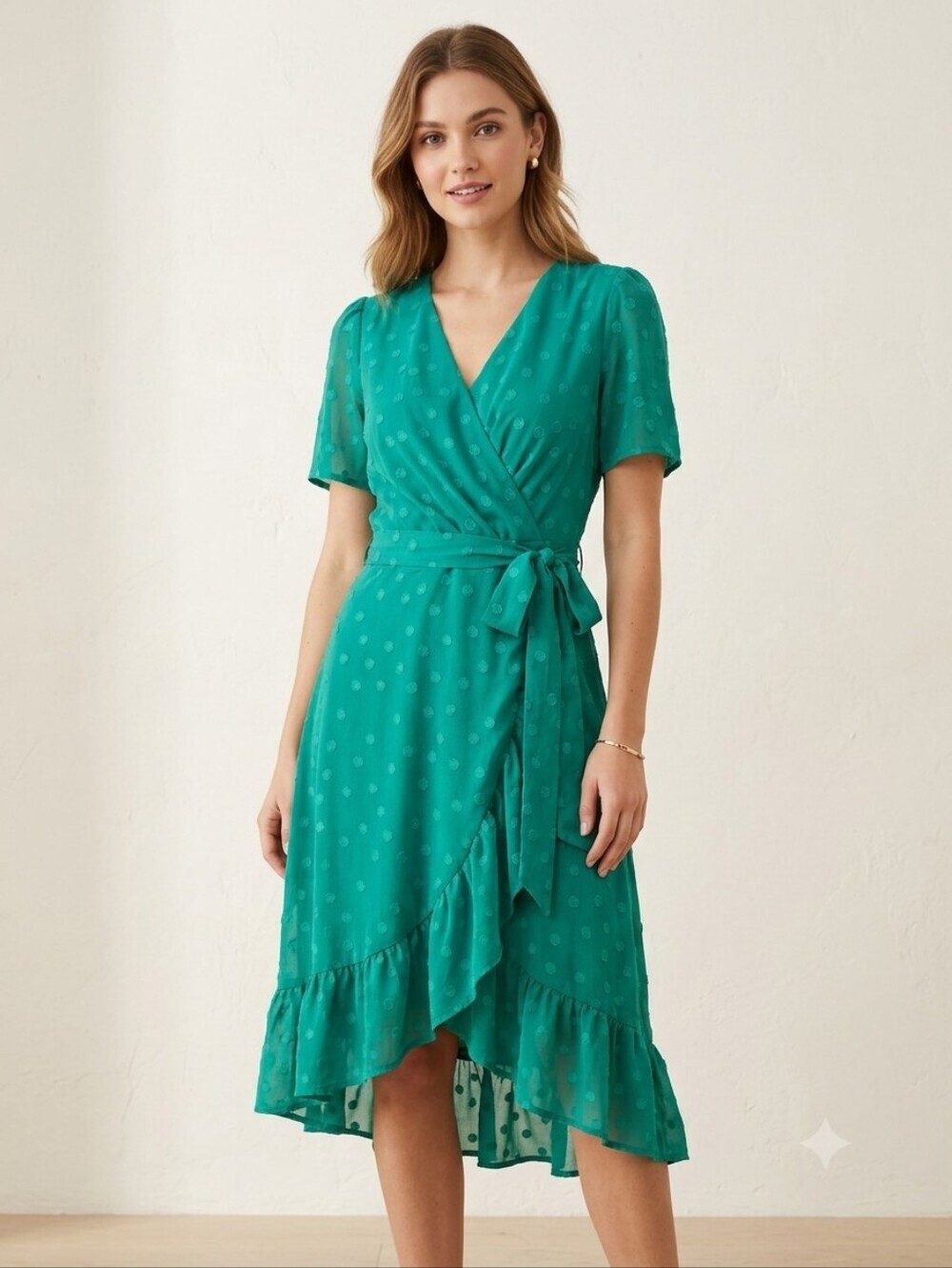 London Times Teal Dot Wrap High-Low Dress